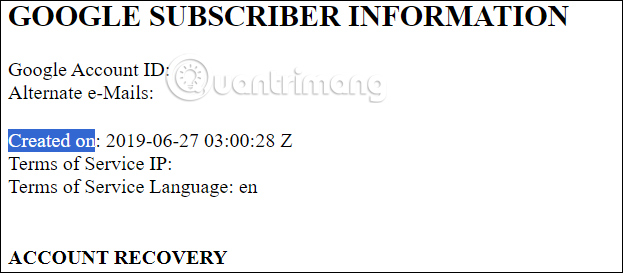 Thời gian tạo Gmail