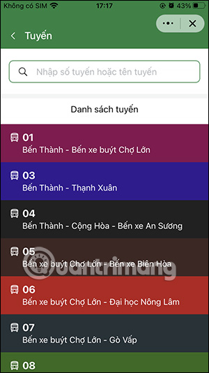 Danh sách tuyến buýt trên Zalo