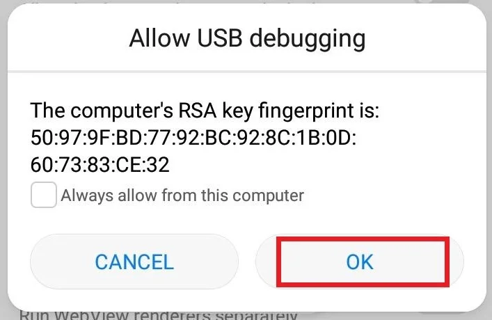 Cho phép USB debugging