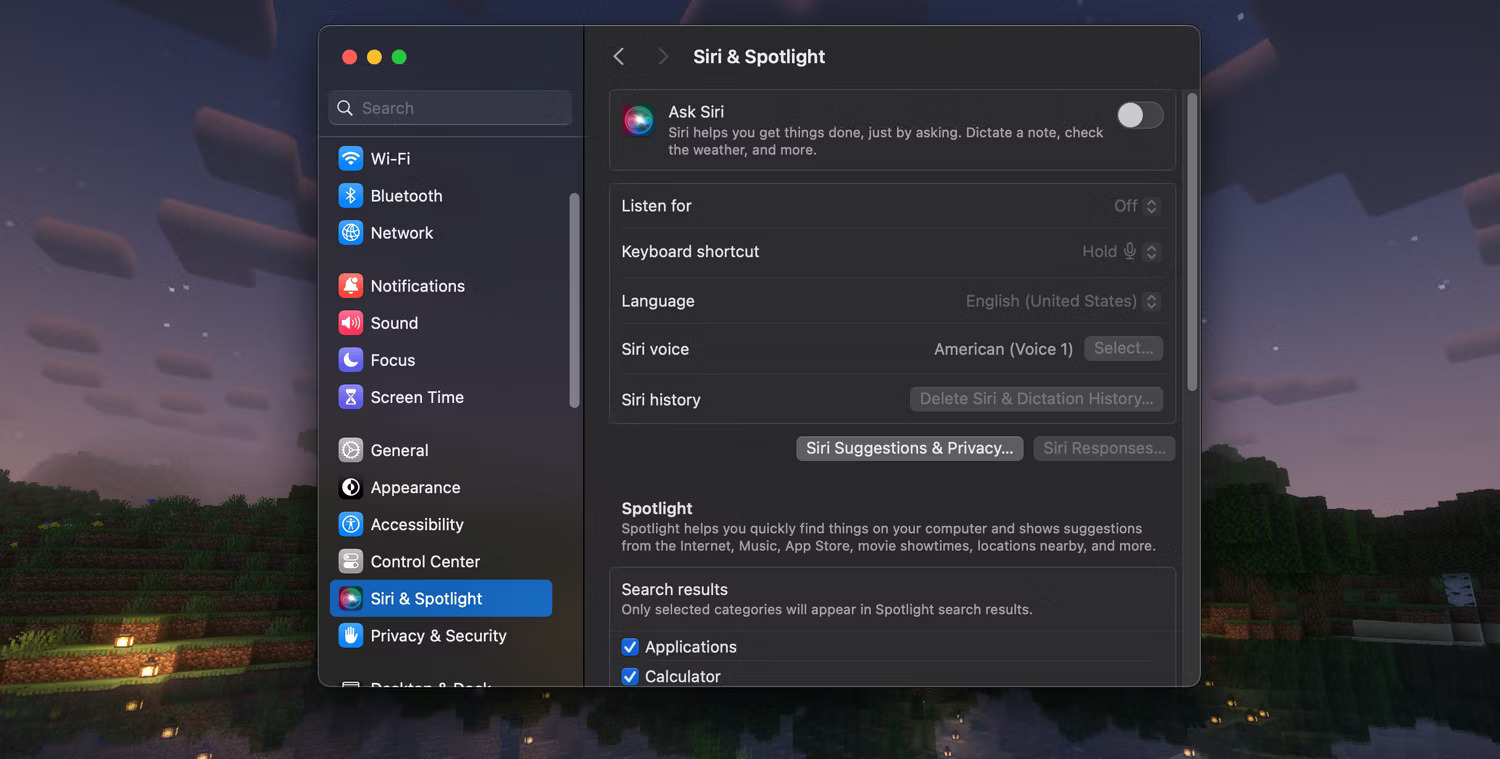 Menu Siri & Spotlight trong System Settings trên macOS Sonoma