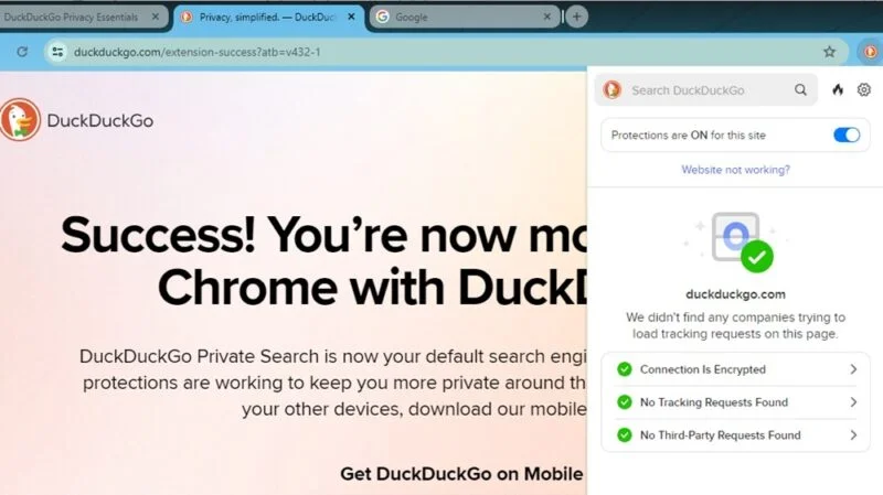Tiện ích bảo mật DuckDuckGo cho Chrome cho biết các biện pháp bảo vệ đang được kích hoạt