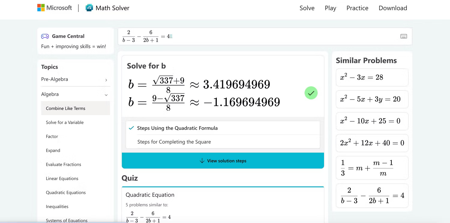 Microsoft MathSolver giải phương trình đại số