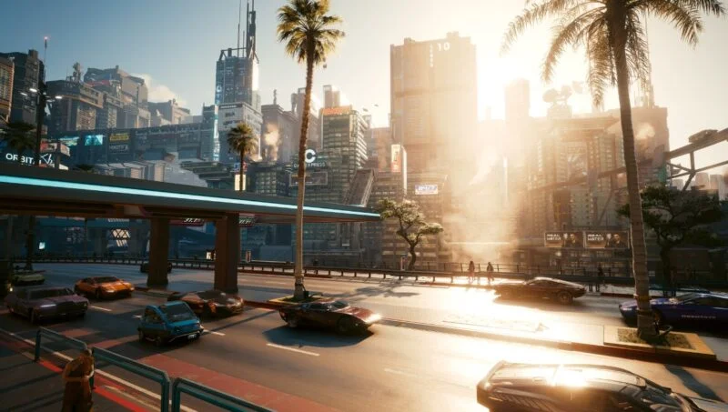 Cyberpunk 2077 hiển thị ánh sáng mặt trời trên đường phố