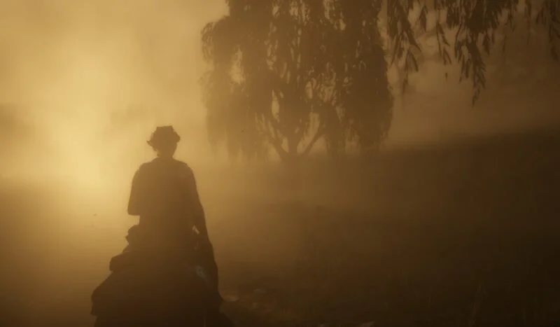 Nguời đàn ông cưỡi ngựa xuyên qua sương mù trong Red Dead Redemption 2