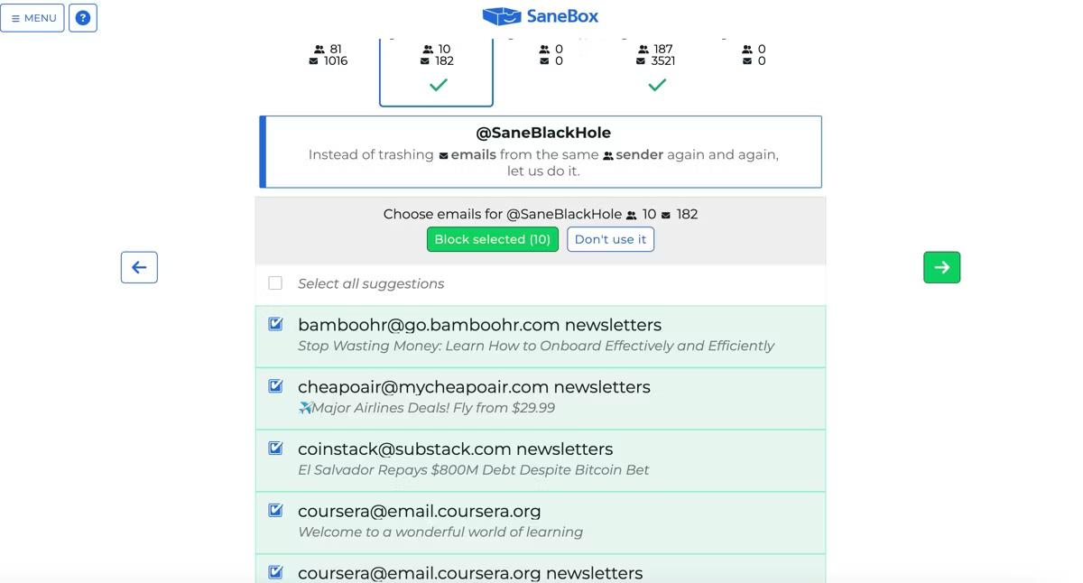 SaneBox sắp xếp email thành các danh mục khác nhau