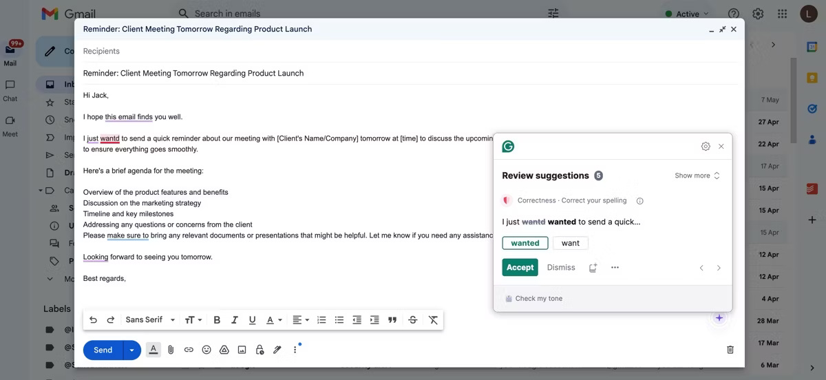 Một email trong Gmail hiển thị tính năng chỉnh sửa của Grammarly