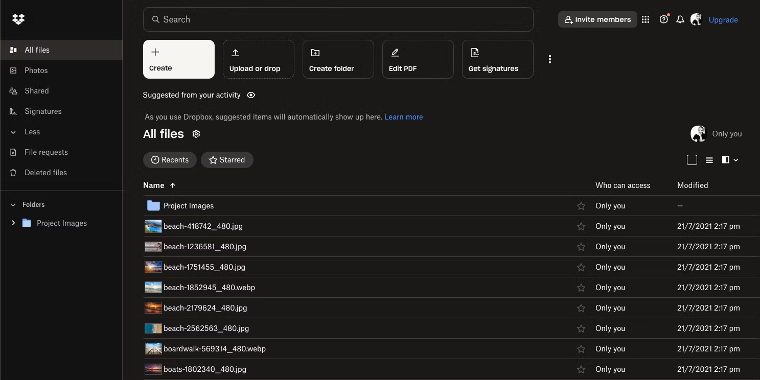 Màn hình chính của kho lưu trữ Dropbox