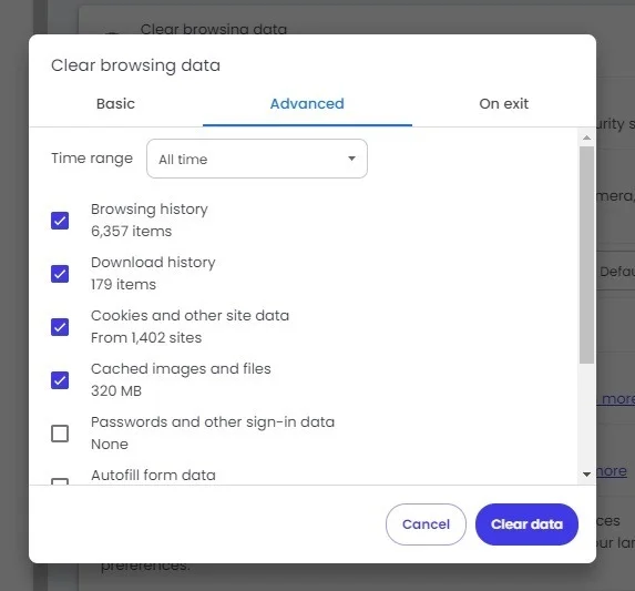 Xóa lịch sử duyệt web và cookie trong Brave để ngăn chặn lưu lượng truy cập bất thường do lỗi mạng máy tính