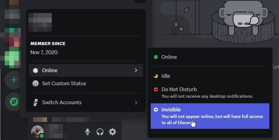 Đặt trạng thái trực tuyến thành Invisible trên ứng dụng desktop Discord