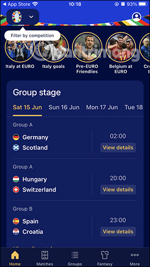 Giao diện app UEFA EURO 2024 Official