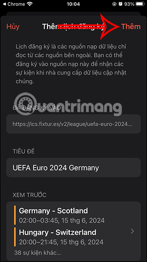 Thêm lịch Euro 2024 trên iPhone