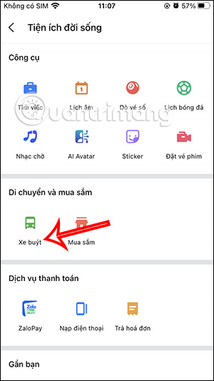Đặt xe buýt trên Zalo