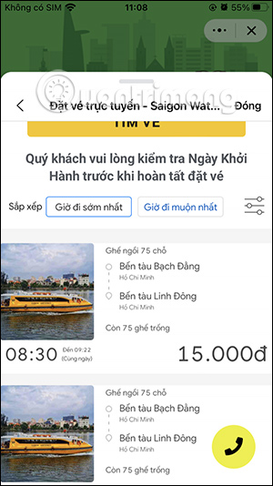 Tìm kiếm vé Water bus theo thời gian