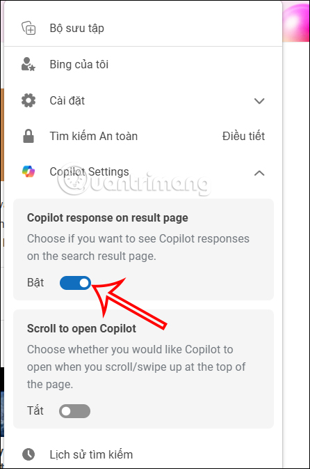 Hiển thị Copilot tìm kiếm trong Bing