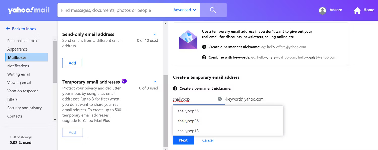 Tab tạo nickname vĩnh viễn trong Yahoo Mail