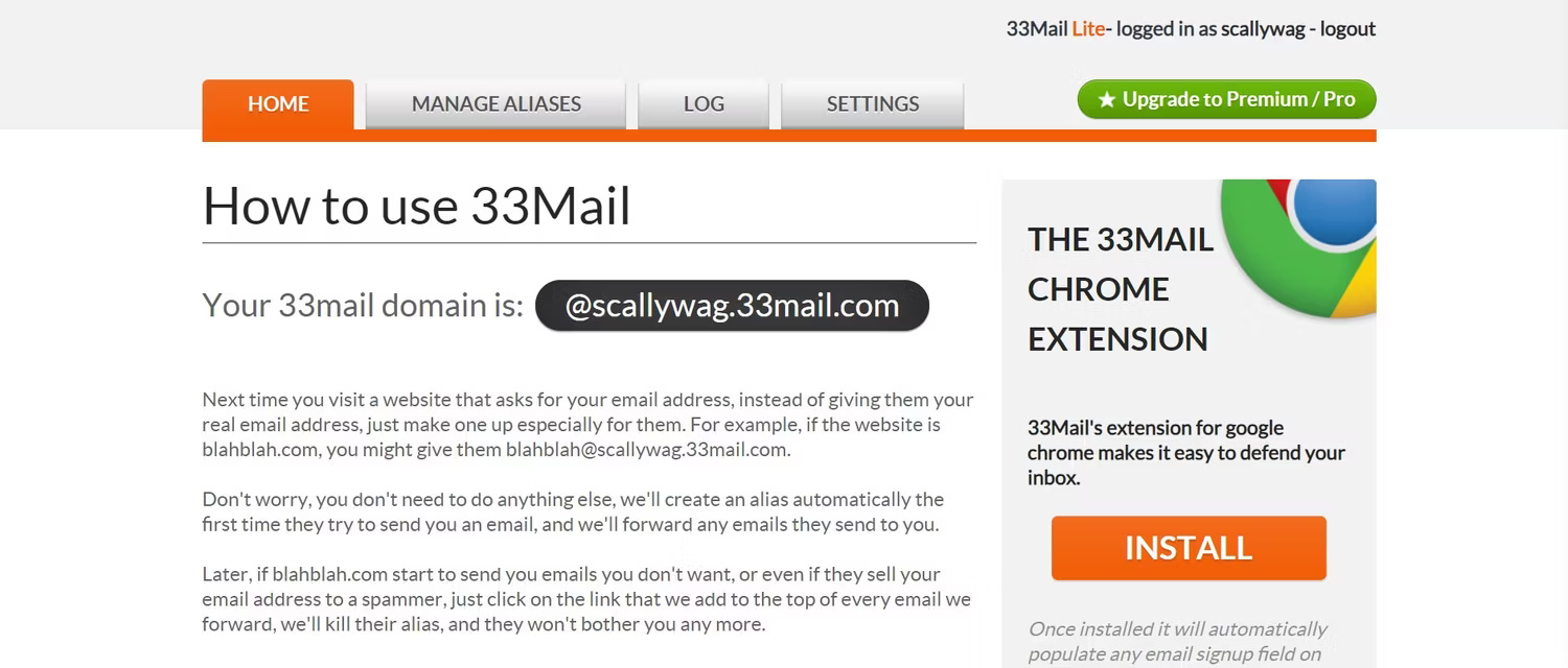 Trang chủ 33mail, hiển thị domain 33mail của người dùng