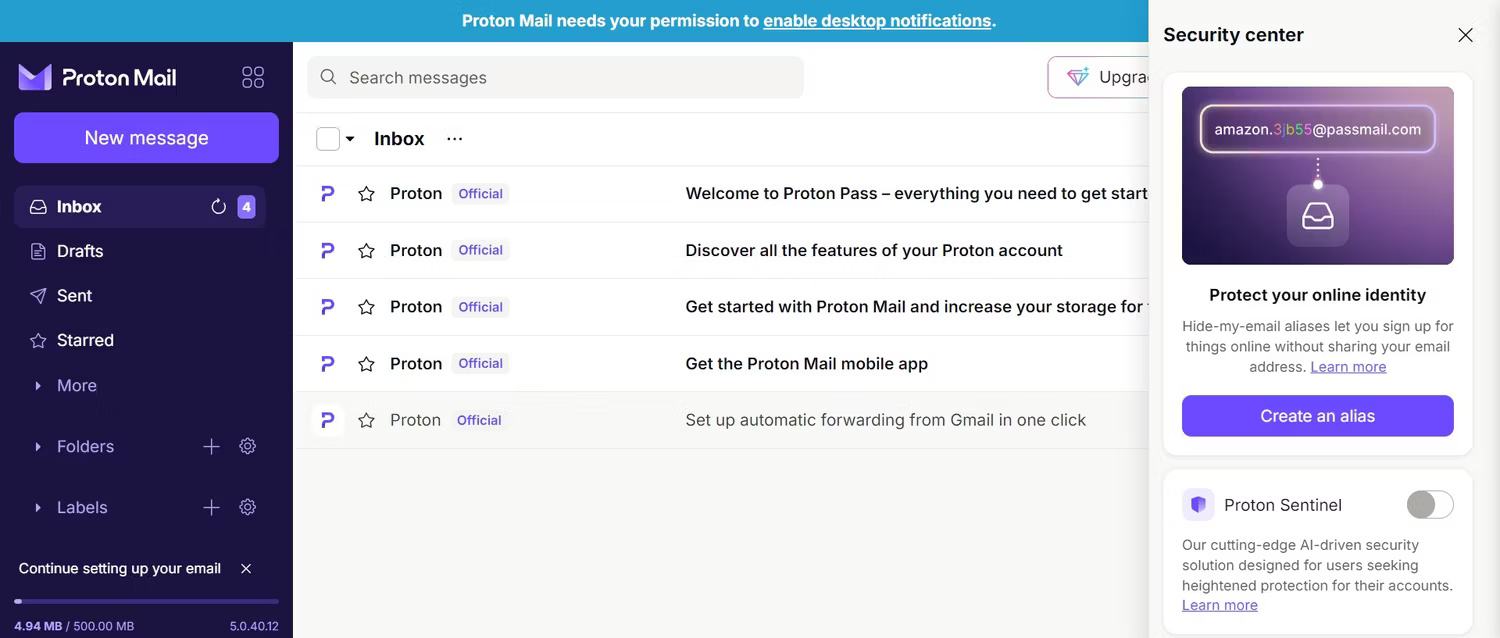 Security Center được hiển thị trên bảng điều khiển Proton Mail