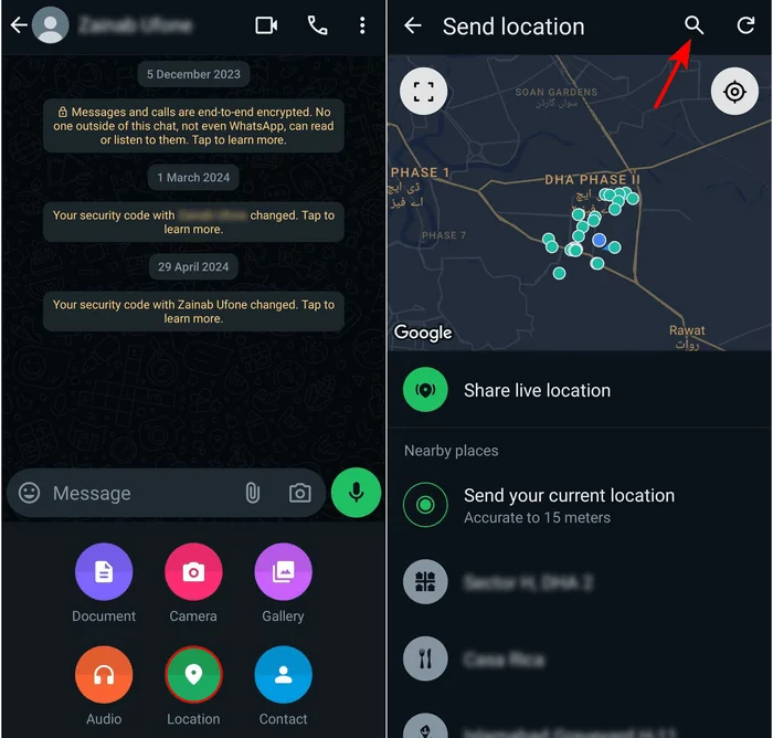 Tìm kiếm vị trí trên WhatsApp