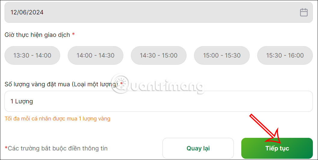 Thời gian mua vàng miếng trên Vietcombank