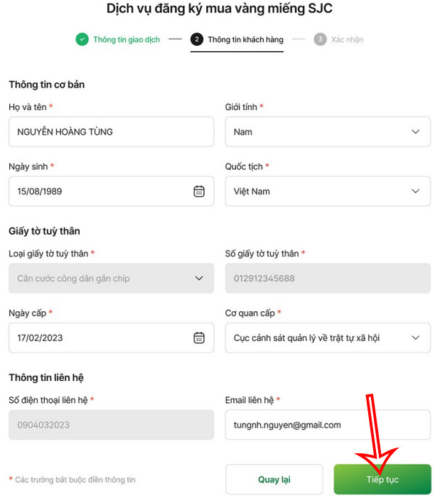 Thông tin người mua vàng miếng trên Vietcombank