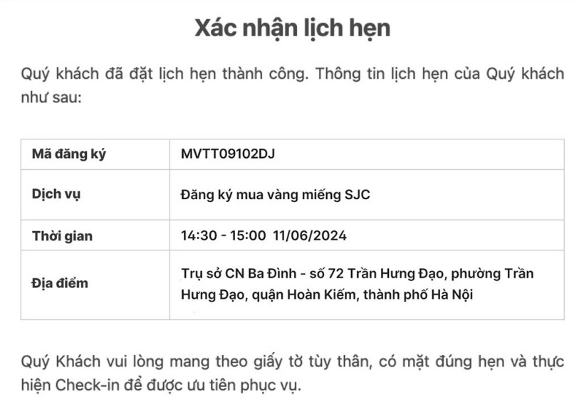 Lịch hẹn mua vàng miếng trên Vietcombank