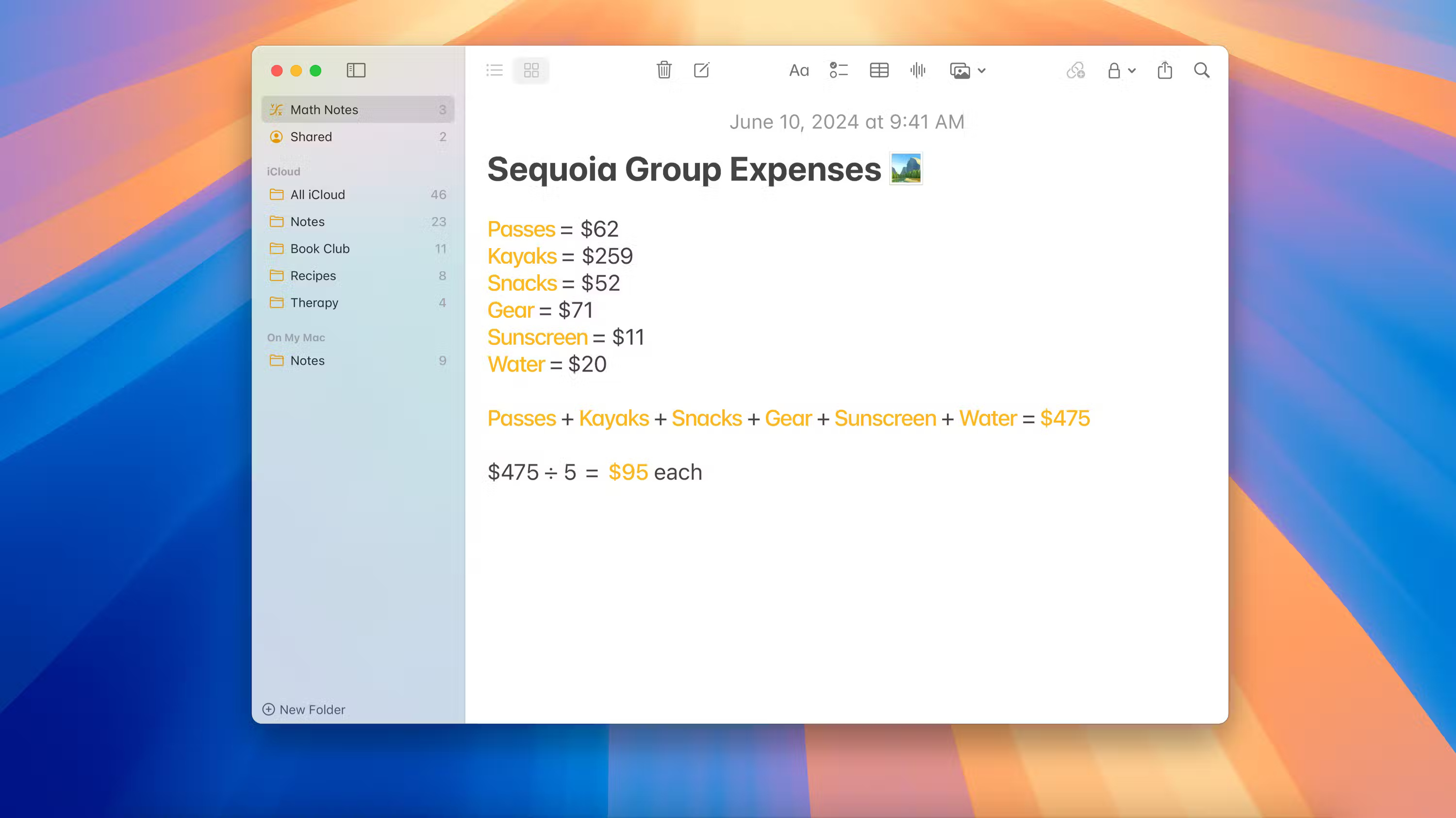Math Notes trong ứng dụng Notes trên macOS Sequoia