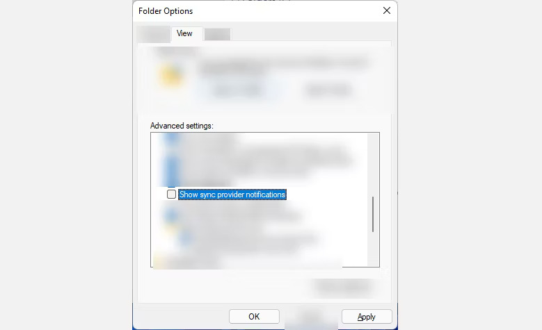 Bỏ chọn tùy chọn Show sync provider notifications