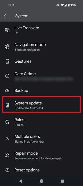 Nhấn vào System update trên System Android.