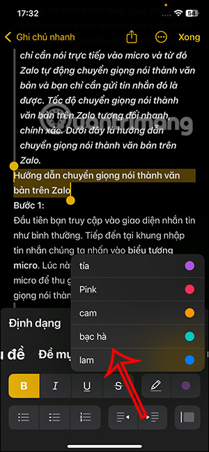 Chọn màu highlight ghi chú iOS 18