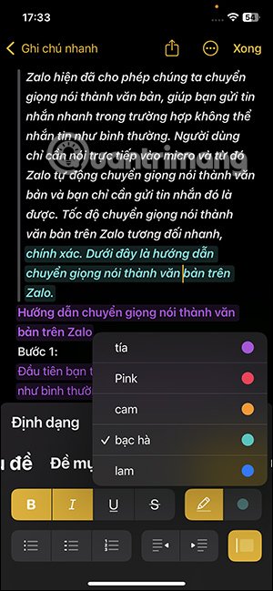 Màu highlight ghi chú iOS 18