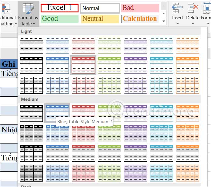 Tạo bảng trong Excel 