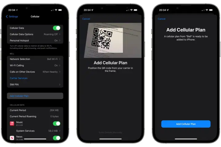 iPhone hiển thị các bước quét mã QR eSIM