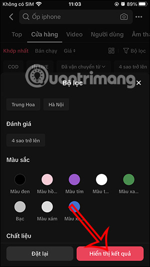 Hiển thị hàng theo bộ lọc