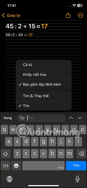 Tùy chọn tìm nội dung ghi chú
