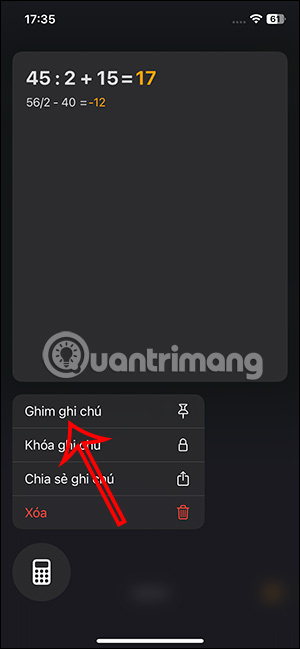 Tùy chọn ghim ghi chú toán học 