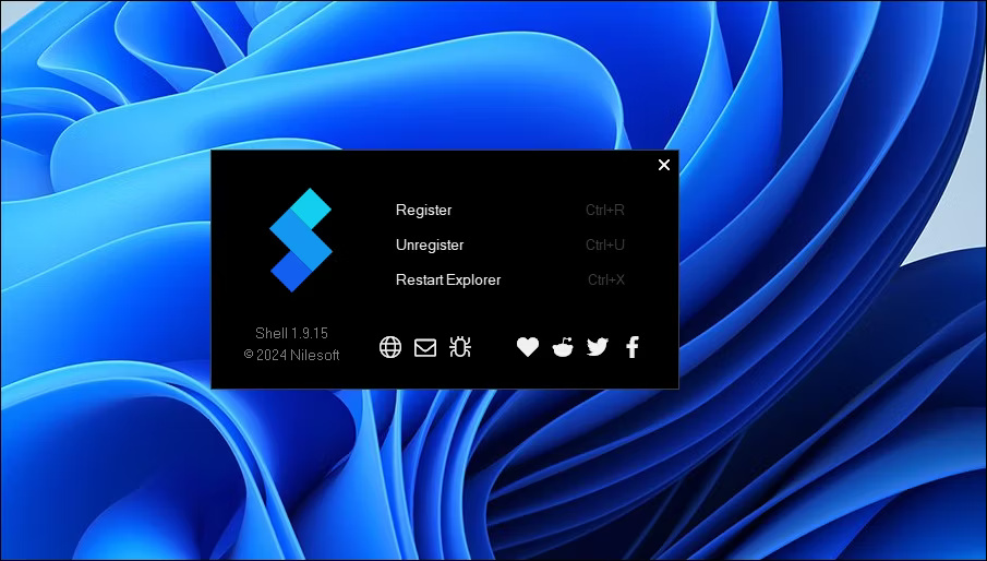 Menu ngữ cảnh nhấp chuột phải của Nilesoft Shell hiển thị các tùy chọn trên File Explorer, Desktop và Taskbar trong Windows 10