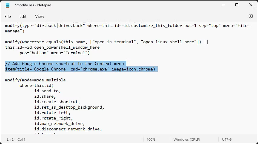 File cấu hình Nilesoft Shell đang được chỉnh sửa để thêm mục shortcut Google Chrome