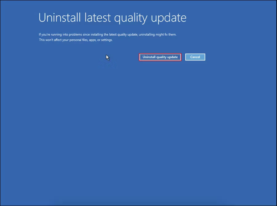 Nhấp vào nút Uninstall quality update
