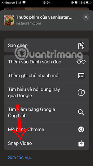 Chọn phím tắt Snap Video