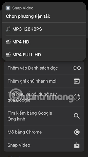 Tùy chọn tải video Snap Video