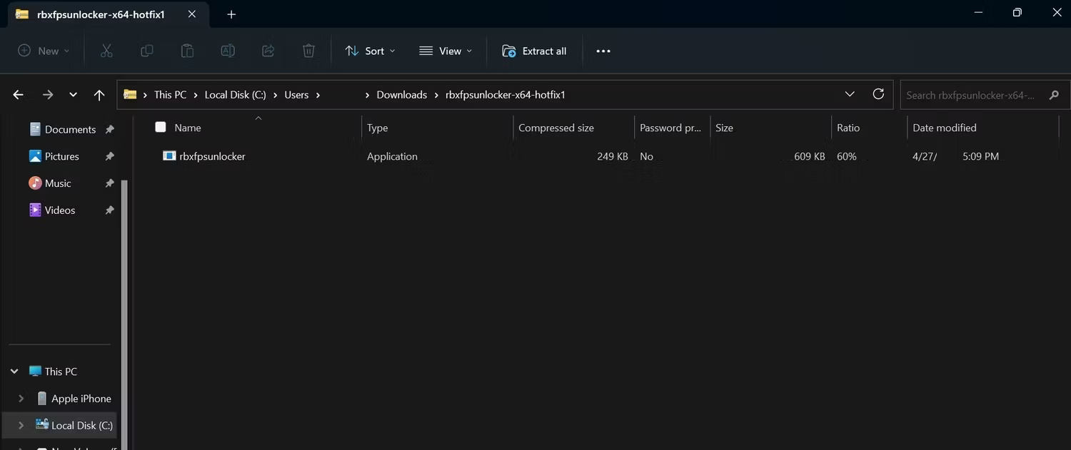 Xác định vị trí file thực thi cho rbxfpsunlocker trong Windows File Explorer