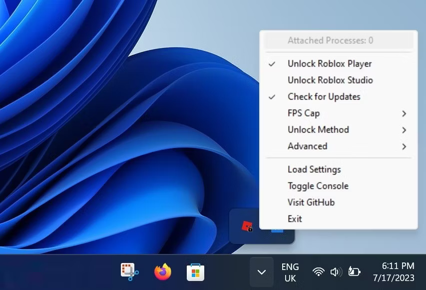 Nhấp chuột phải vào biểu tượng Roblox FPS unlocker trong khay hệ thống Windows
