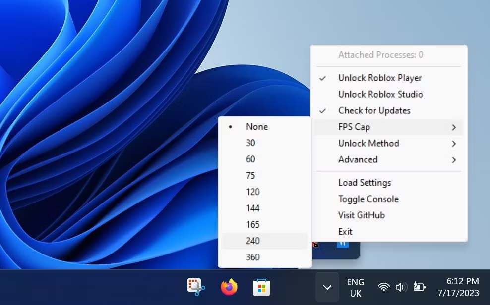 Chọn giá trị phù hợp từ menu drop-down FPS Cap trong Roblox FPS Unlocker