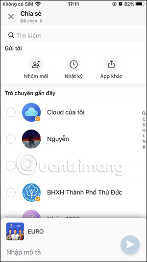 Chia sẻ tiện ích bóng đá trên Zalo 