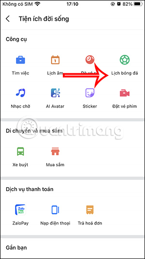 Lịch bóng đá trên Zalo