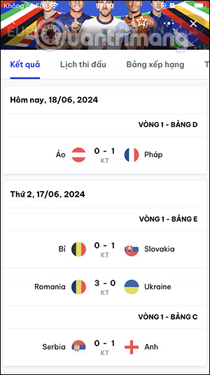 Kết quả Euro 2024 trên Zalo