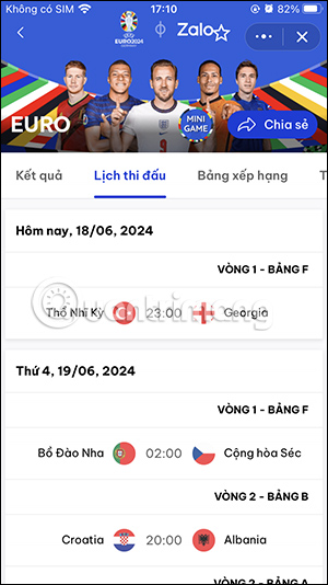 Lịch thi đấu Euro 2024 trên Zalo