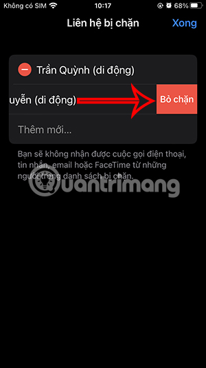 Chọn bỏ chặn số điện thoại iPhone