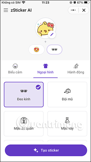 Ngoại hình cho sticker AI Zalo