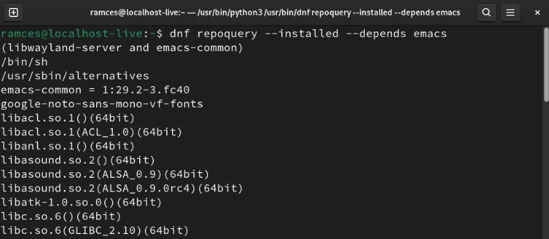 Các dependency của gói cho Emacs trong DNF.